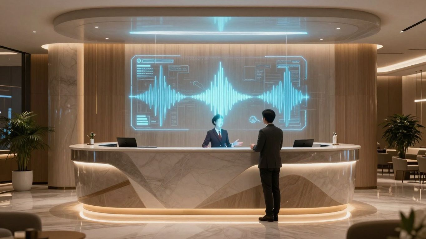 Futuristic hotel lobby with holographic AI receptionist.