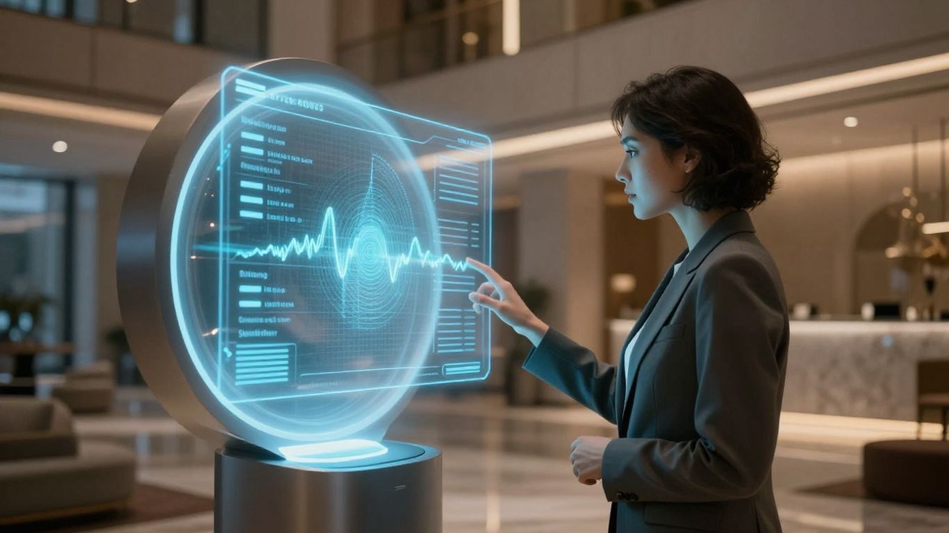 AI voice booking system in a modern hotel lobby.