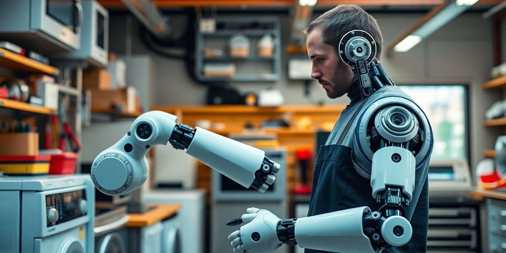 AI robot assisting appliance repair technician.