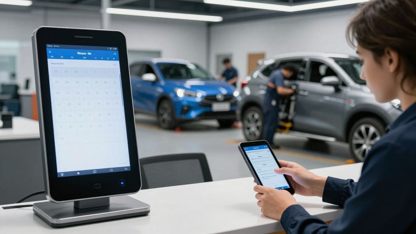 Customer booking auto service on digital kiosk in shop