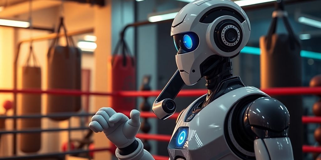 Boxing gym with AI robot answering phone.