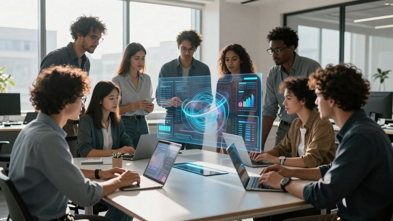 Team collaborating with futuristic AI interfaces in modern office.