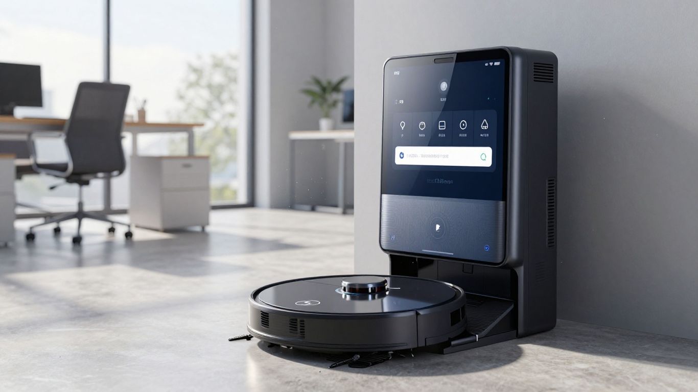 Robotic vacuum cleaning modern office with AI interface.