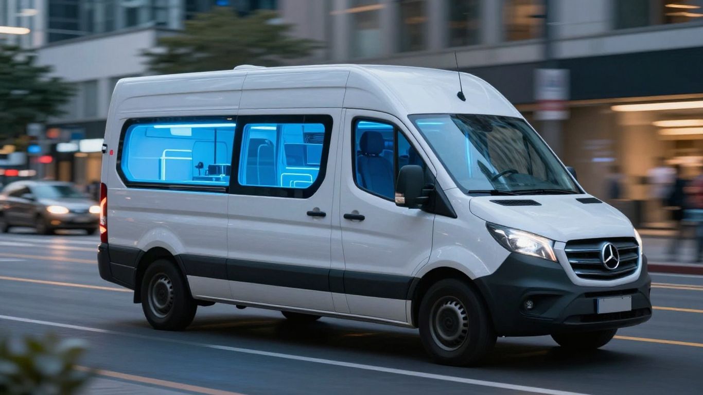 Cleaning van with futuristic glow in city