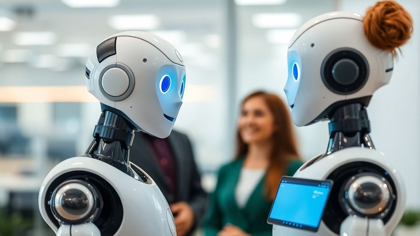 AI receptionist assisting a customer in an office.