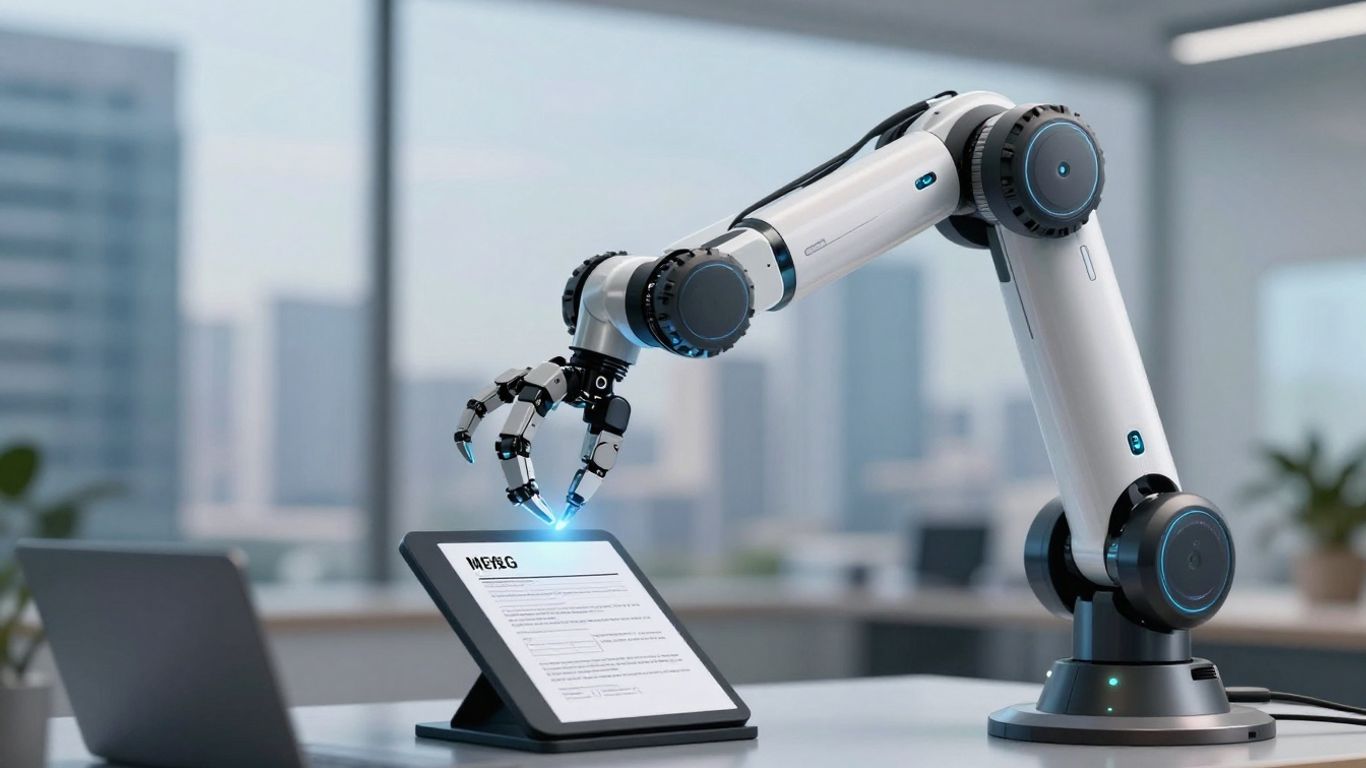 AI agent processing mortgage documents with cityscape background.