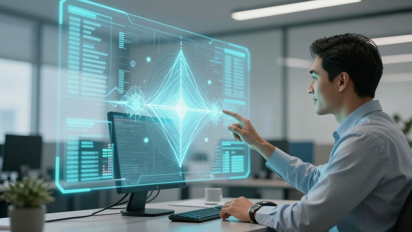 Mortgage broker using AI interface in office.