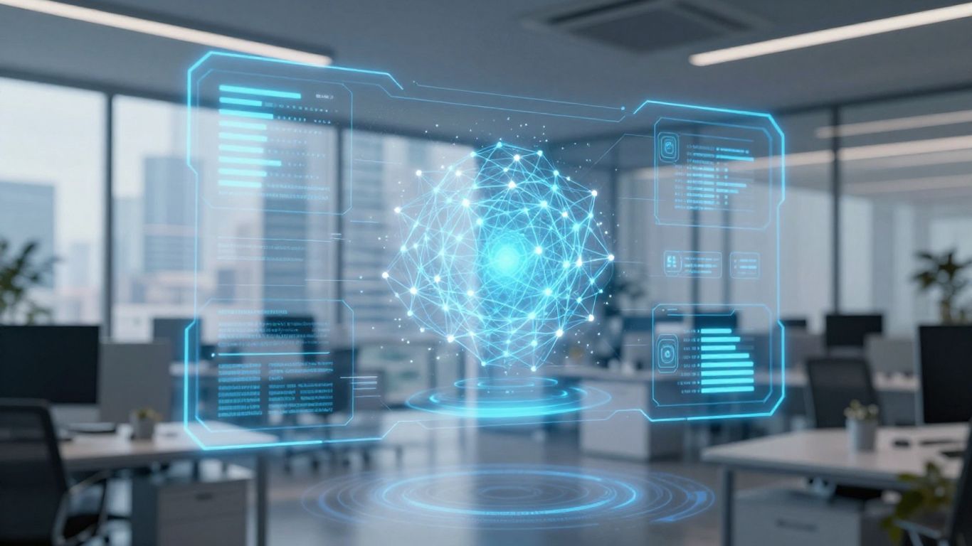 AI assistant interface in a modern office setting.
