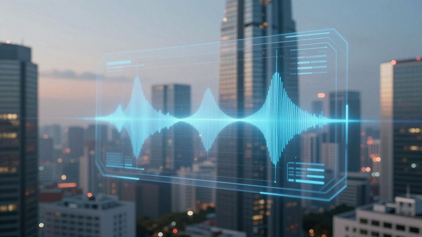 AI voice agent interacting with a cityscape.