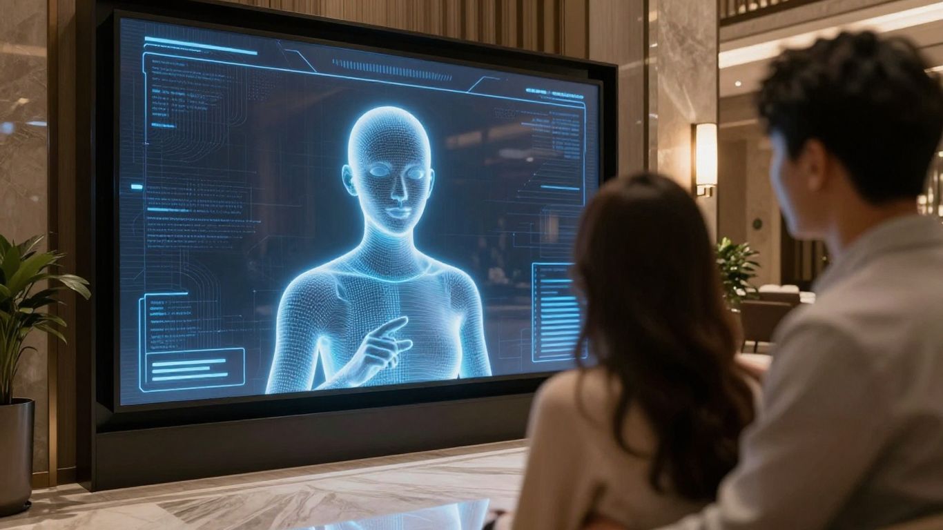 Hilton AI assistant interface in a modern hotel lobby.