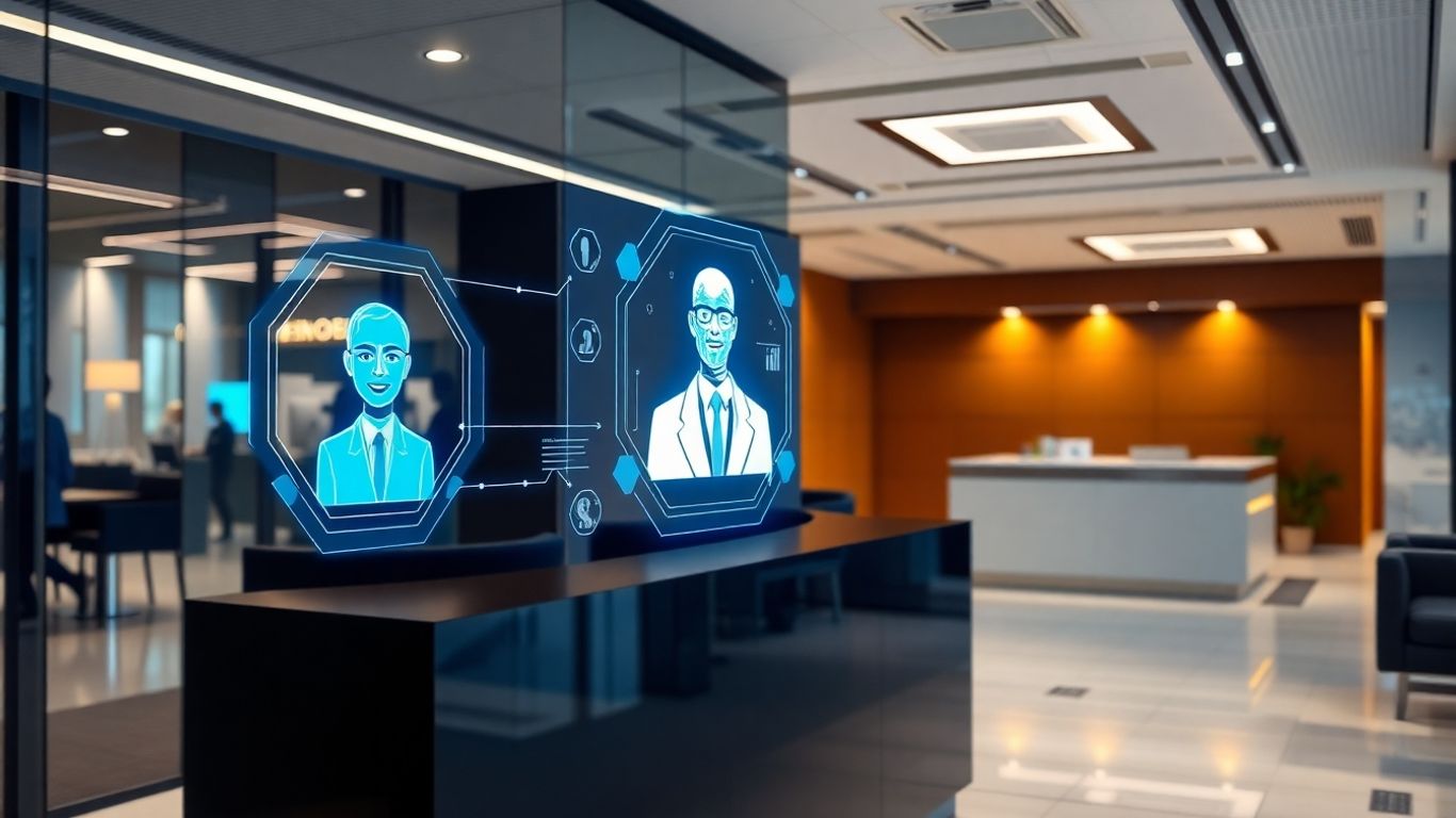 AI virtual receptionist assisting in a modern office.