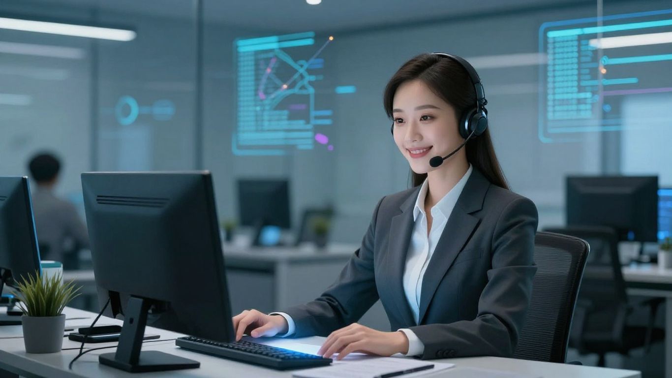 AI receptionist avatar in a modern office