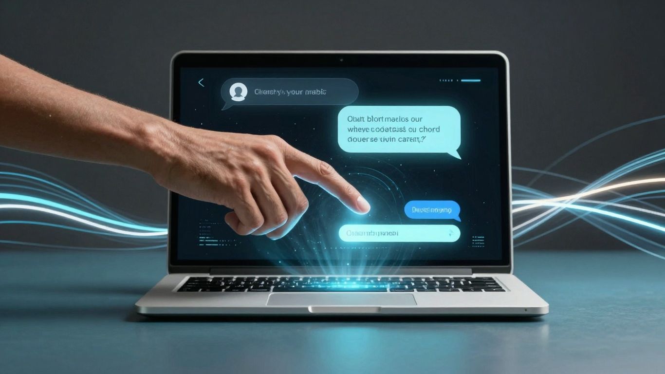 AI chatbot interface on a laptop screen with digital light streams.