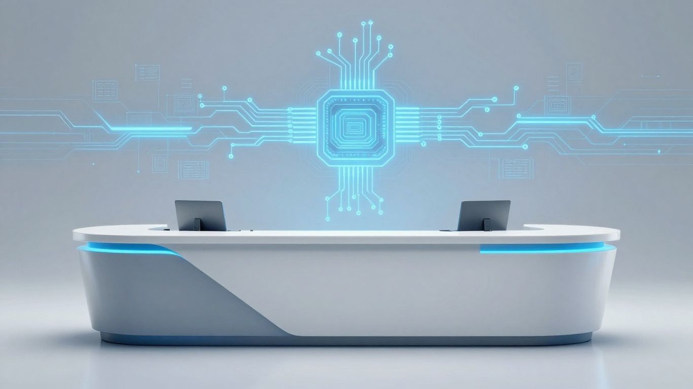 AI front desk software interface with glowing circuits.