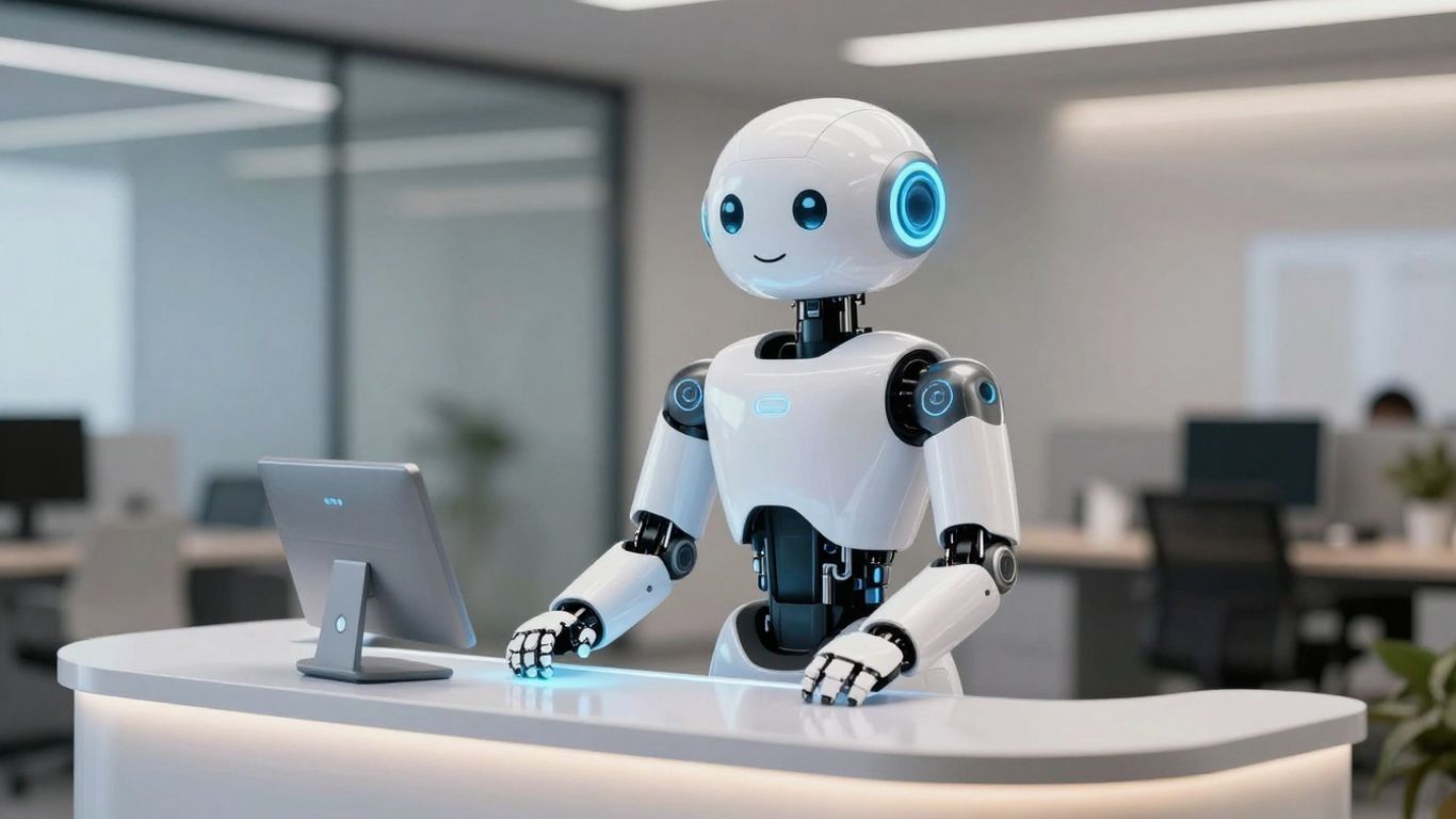 AI robot at a futuristic reception desk.
