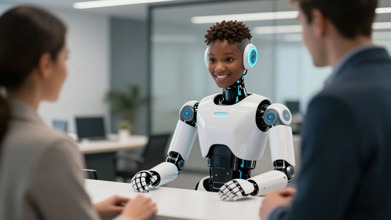 AI robot at a business reception desk.