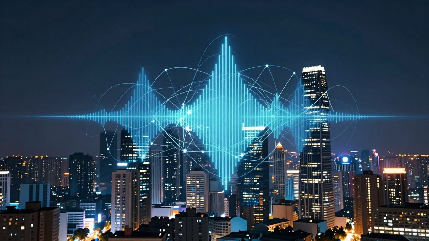 AI call answering, futuristic cityscape, sound waves, business growth