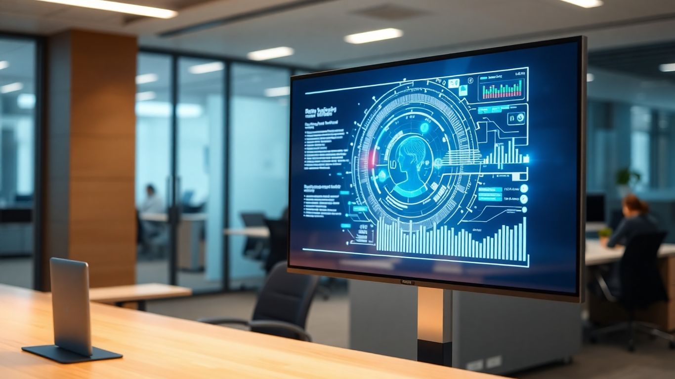 AI receptionist interface on a futuristic screen