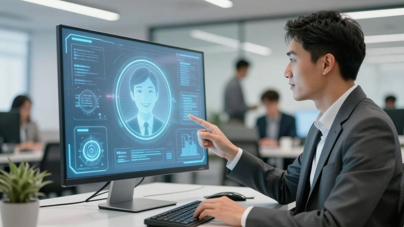 AI receptionist avatar interacting with business professionals.