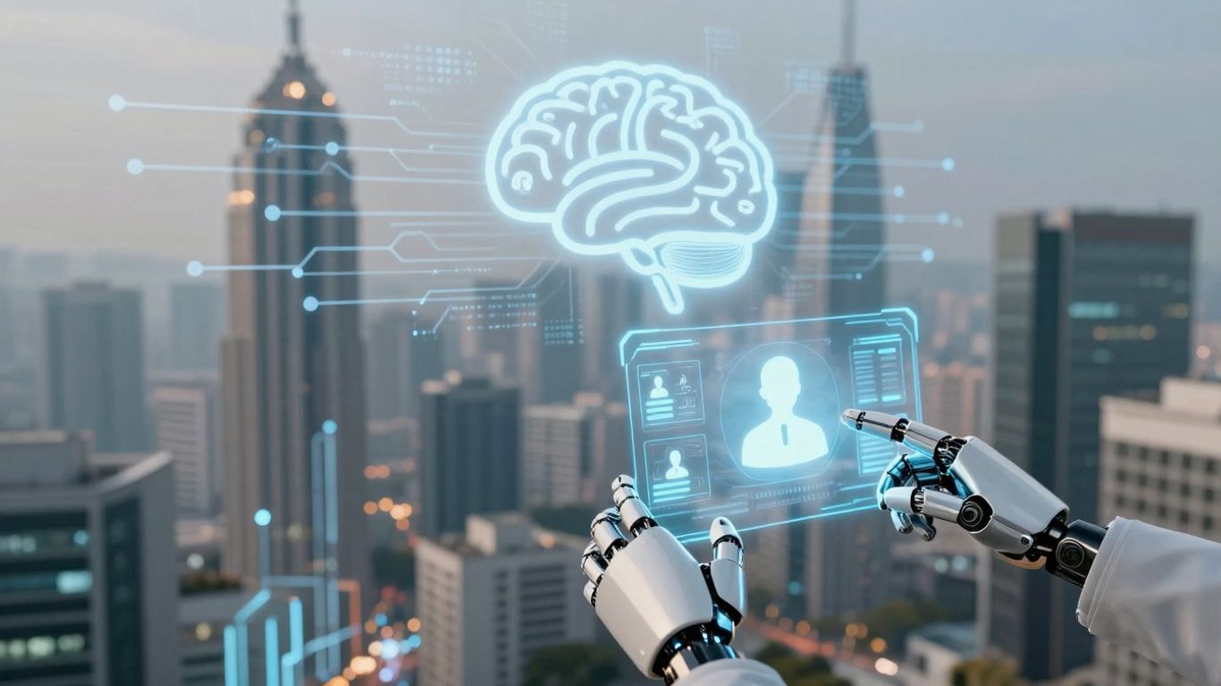 AI automating customer support with futuristic technology.