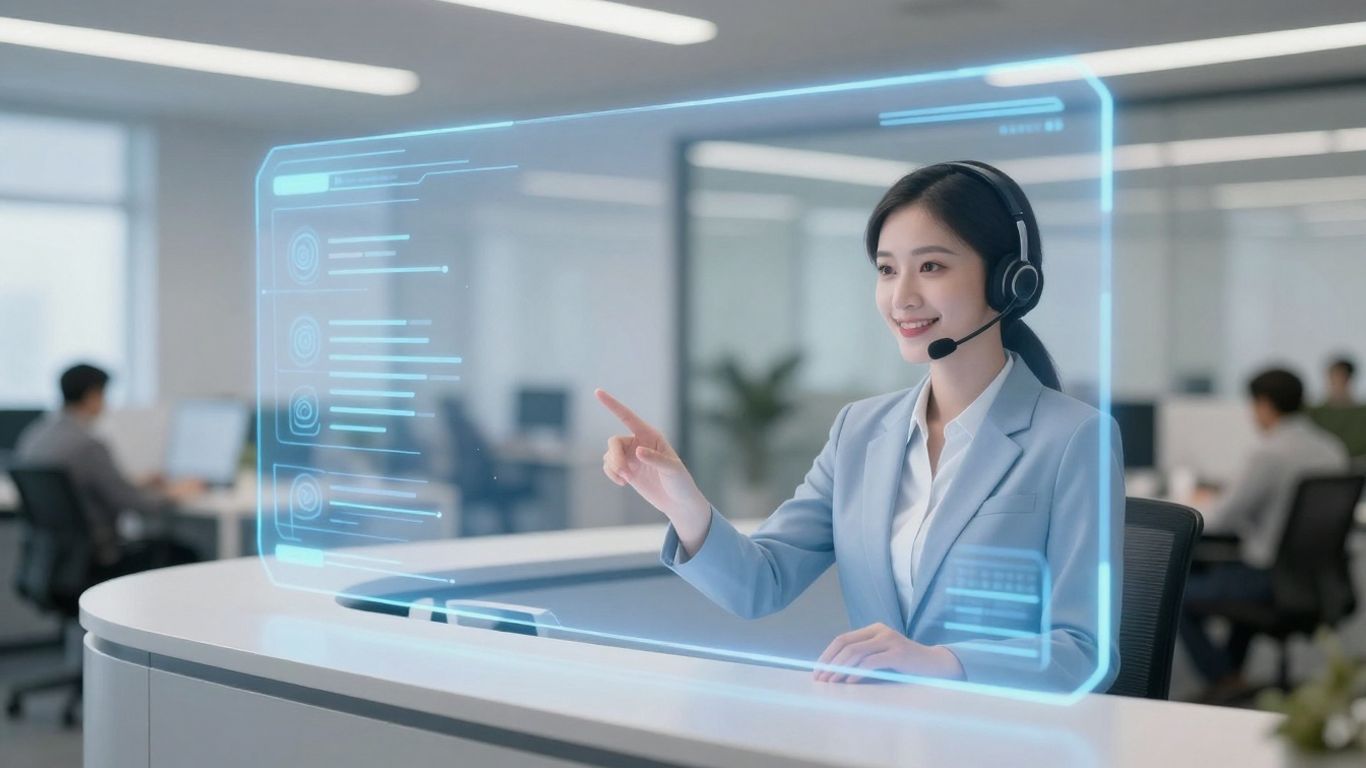 AI receptionist avatar interacting with a holographic interface.