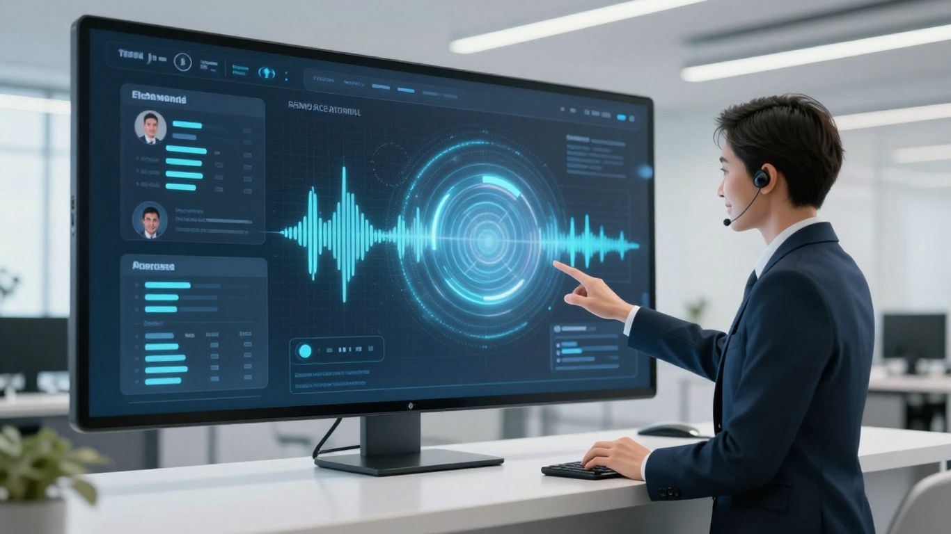 AI virtual receptionist interface with sound waves and avatars.