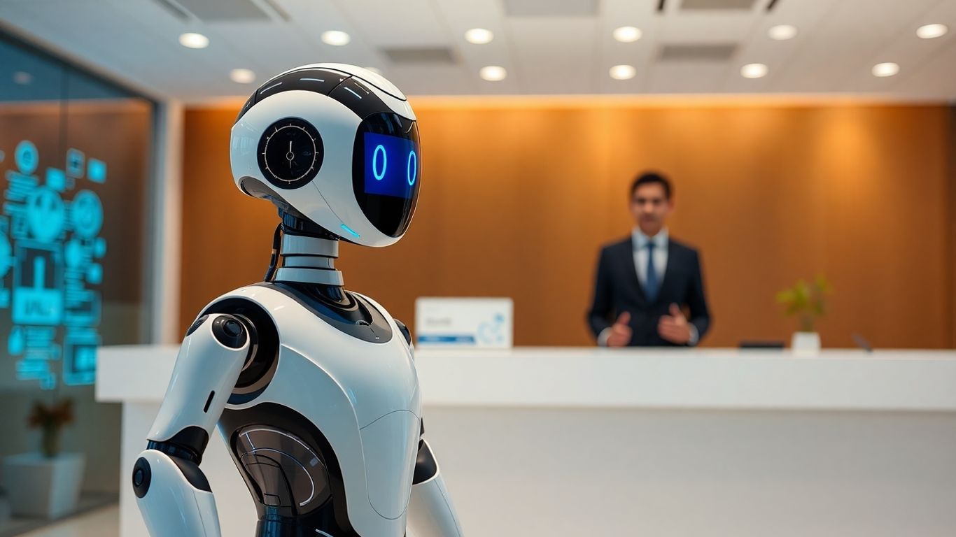 AI robot at a business reception desk.