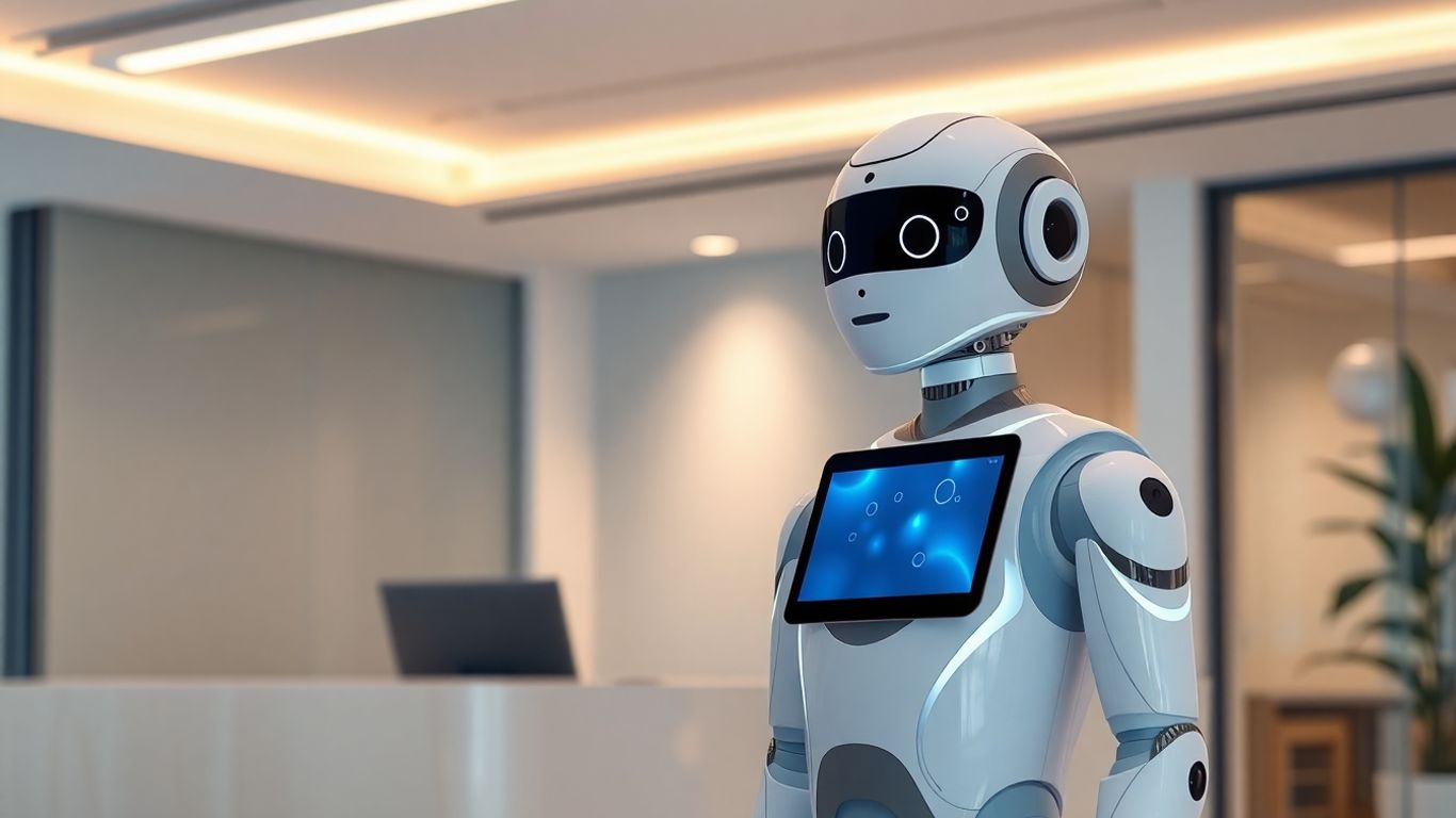 AI robot at a business reception desk.