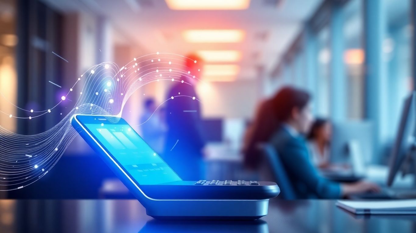 AI phone receptionist interface with digital waveforms.