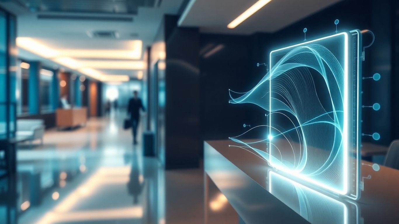 AI receptionist interface in a modern office.