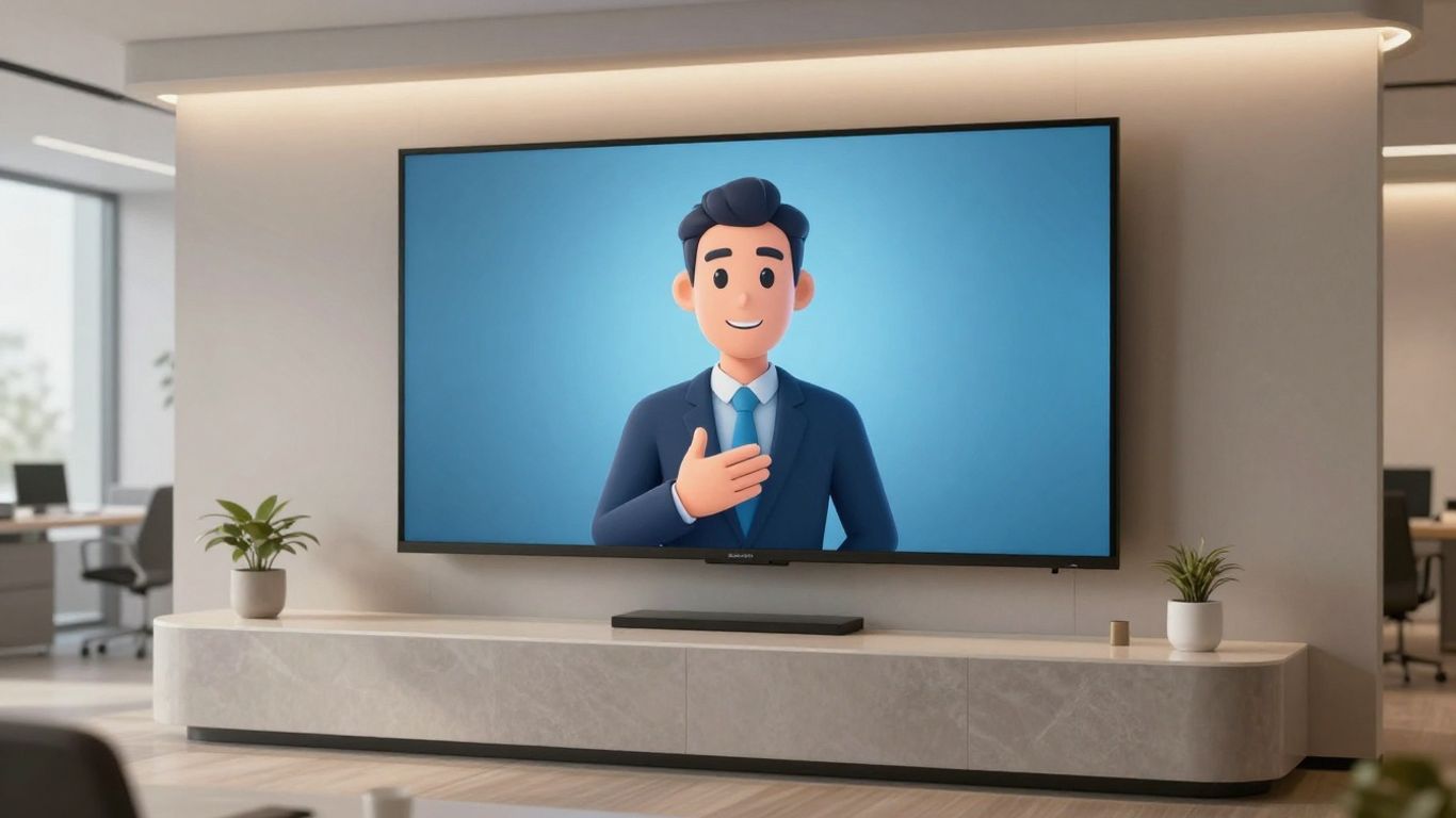 AI receptionist avatar in a modern office reception area.