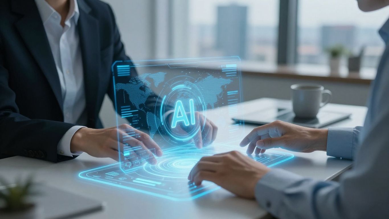 AI receptionist interface on a desk in a modern office.