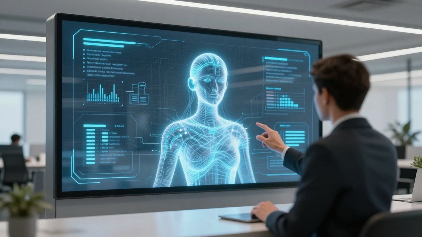 AI receptionist interface in a modern office.