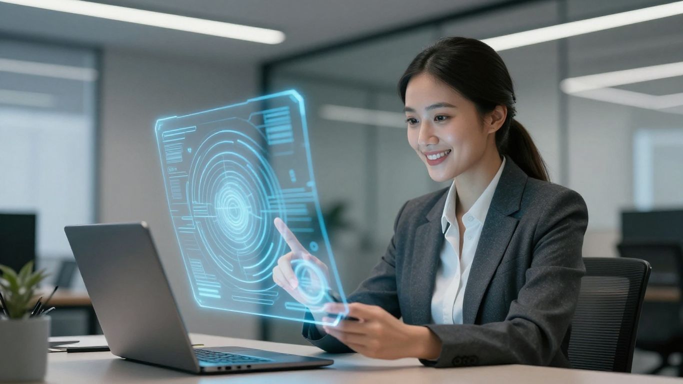 Businesswoman using AI receptionist phone system