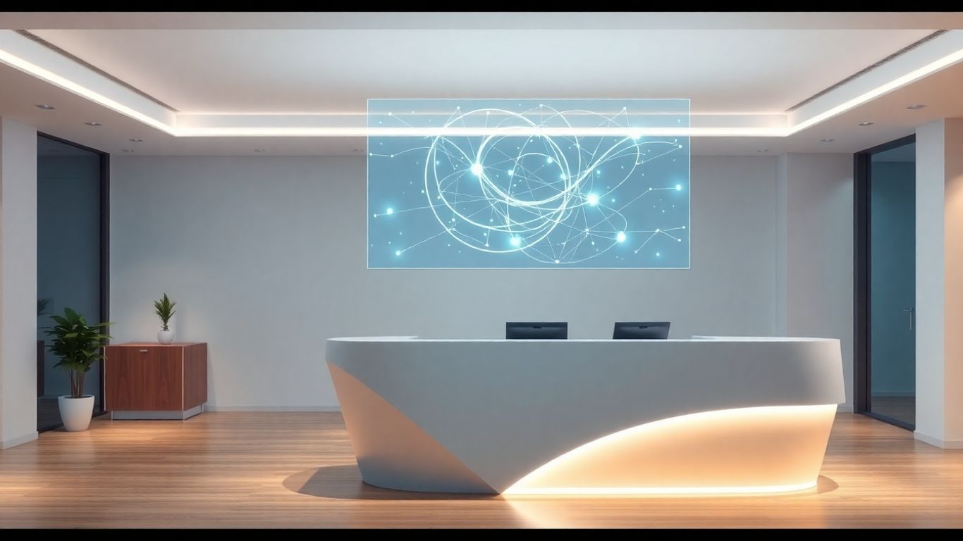 Futuristic reception desk with holographic interface