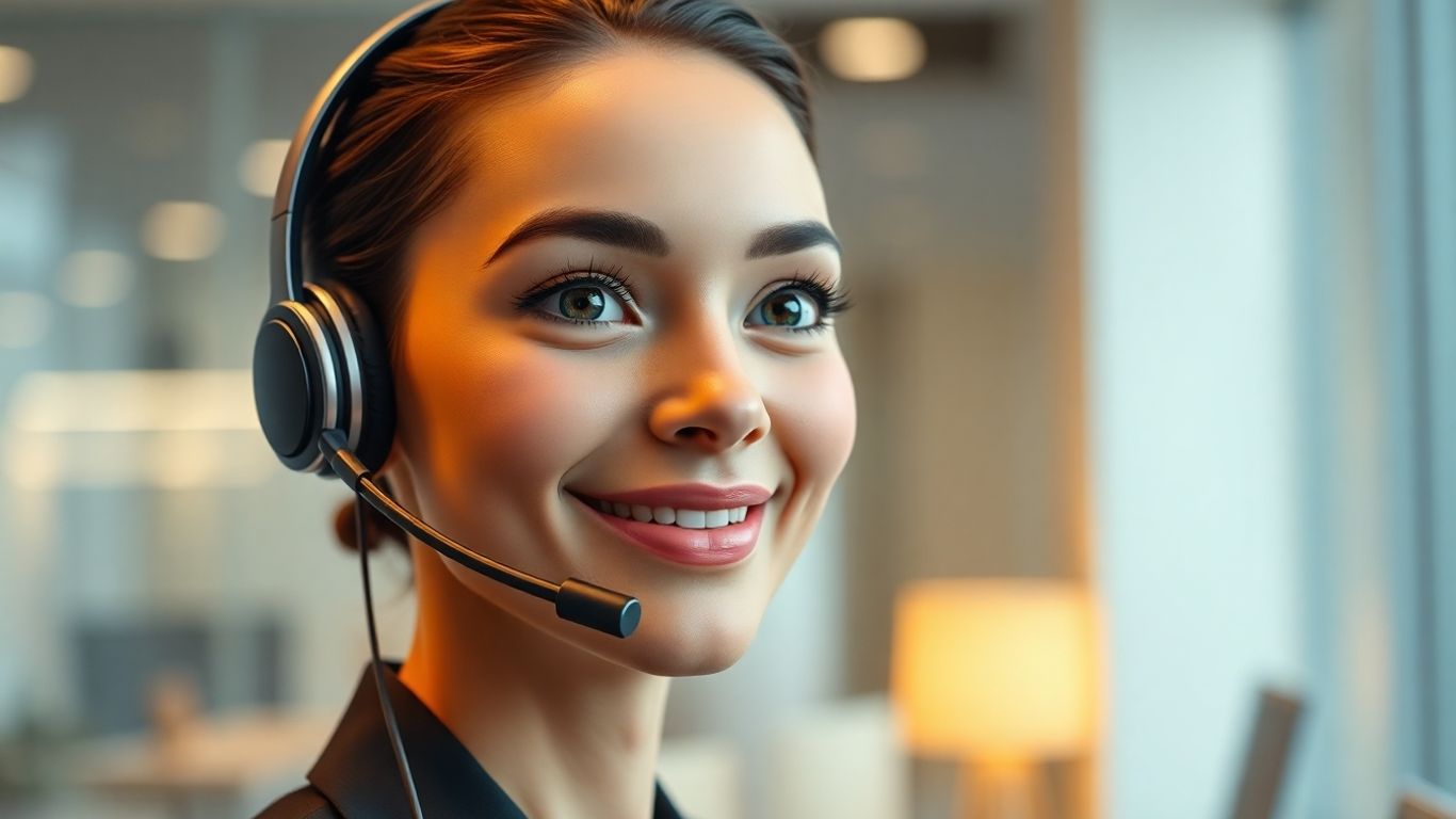 AI avatar speaking through a headset in an office.