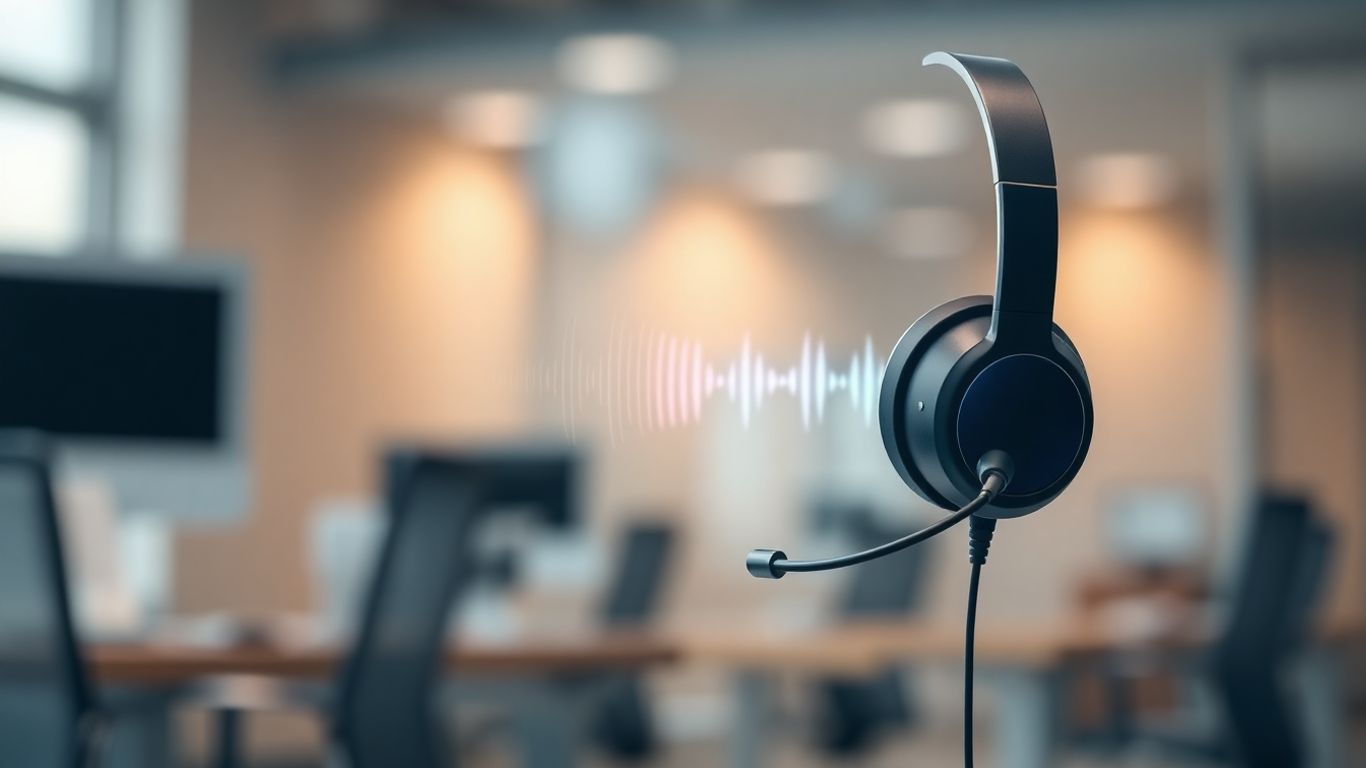 AI voice answering service headset with sound waves.