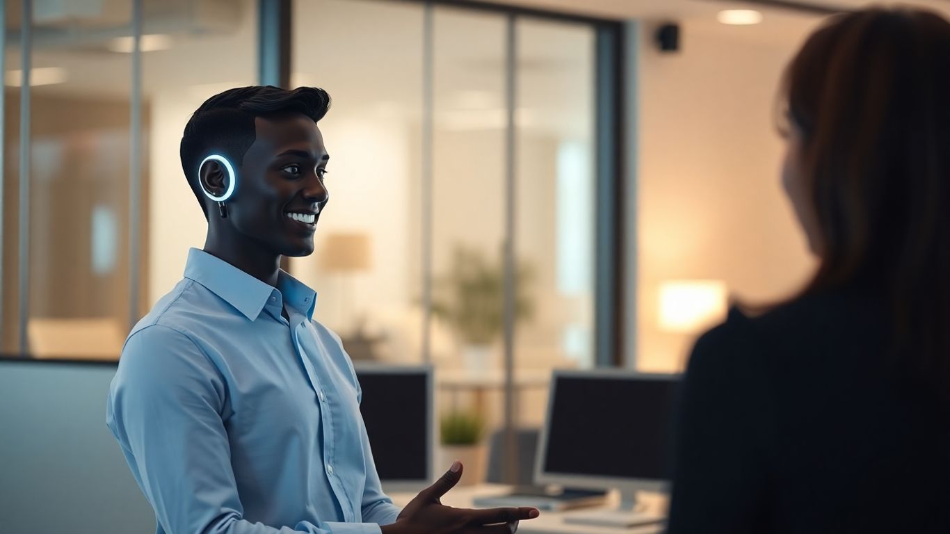 AI avatar assisting a customer with a smile.