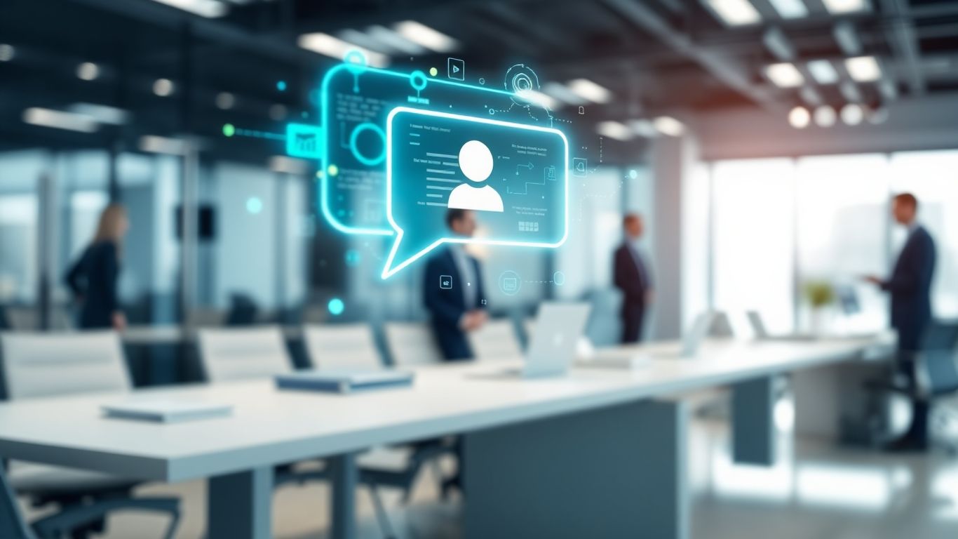 AI chatbot interface over office desk, business innovation