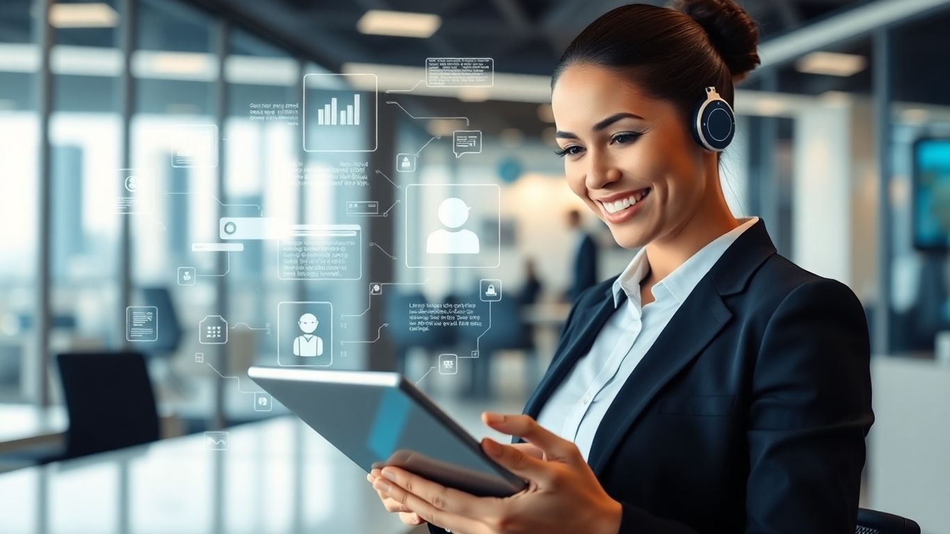 AI chatbot assisting a happy employee in an office.