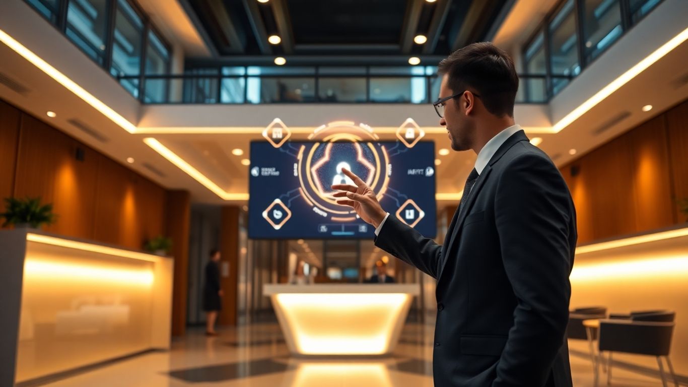AI front desk interface in a modern office setting.