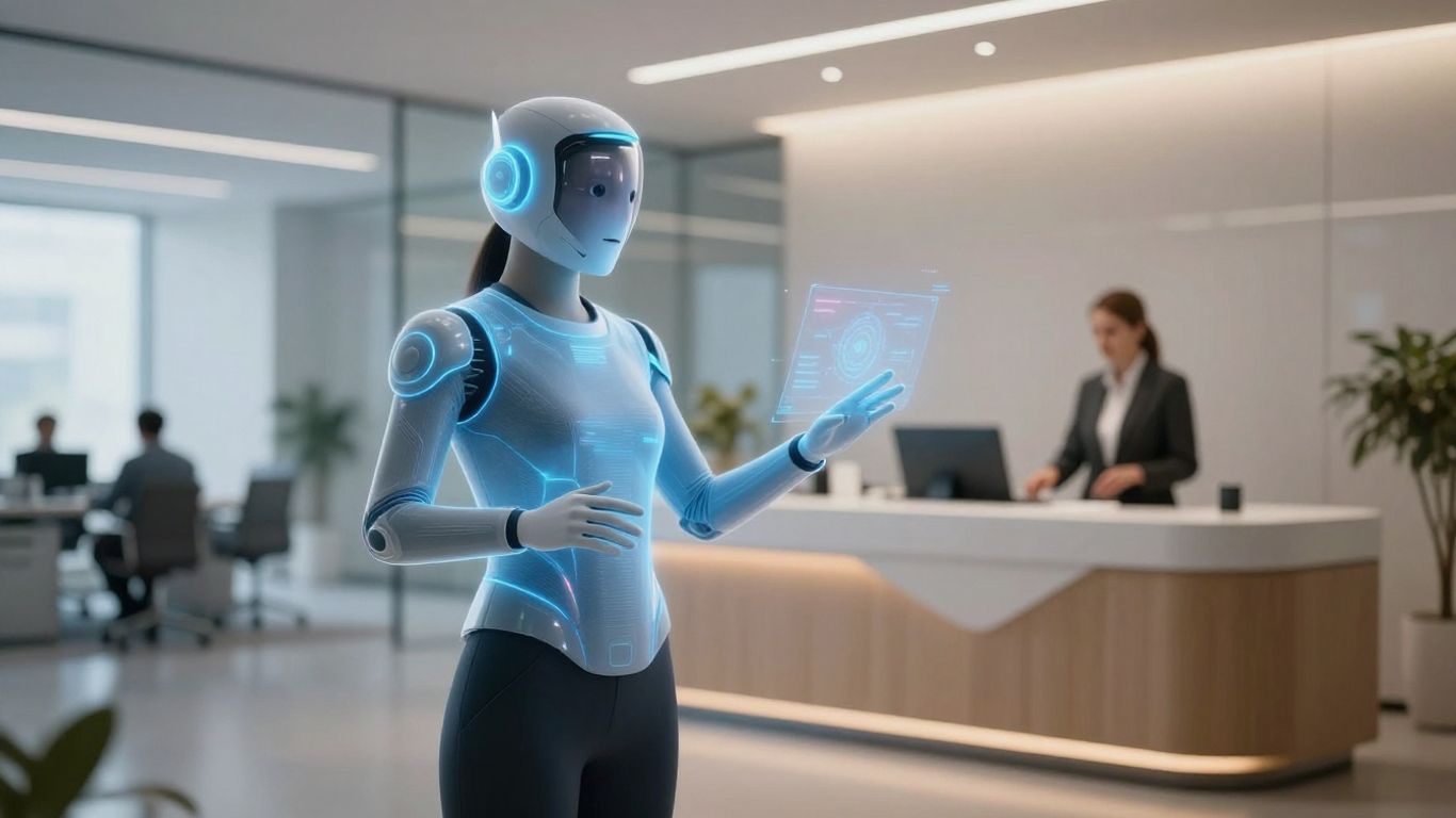 AI assistant helping a business professional at a modern reception.