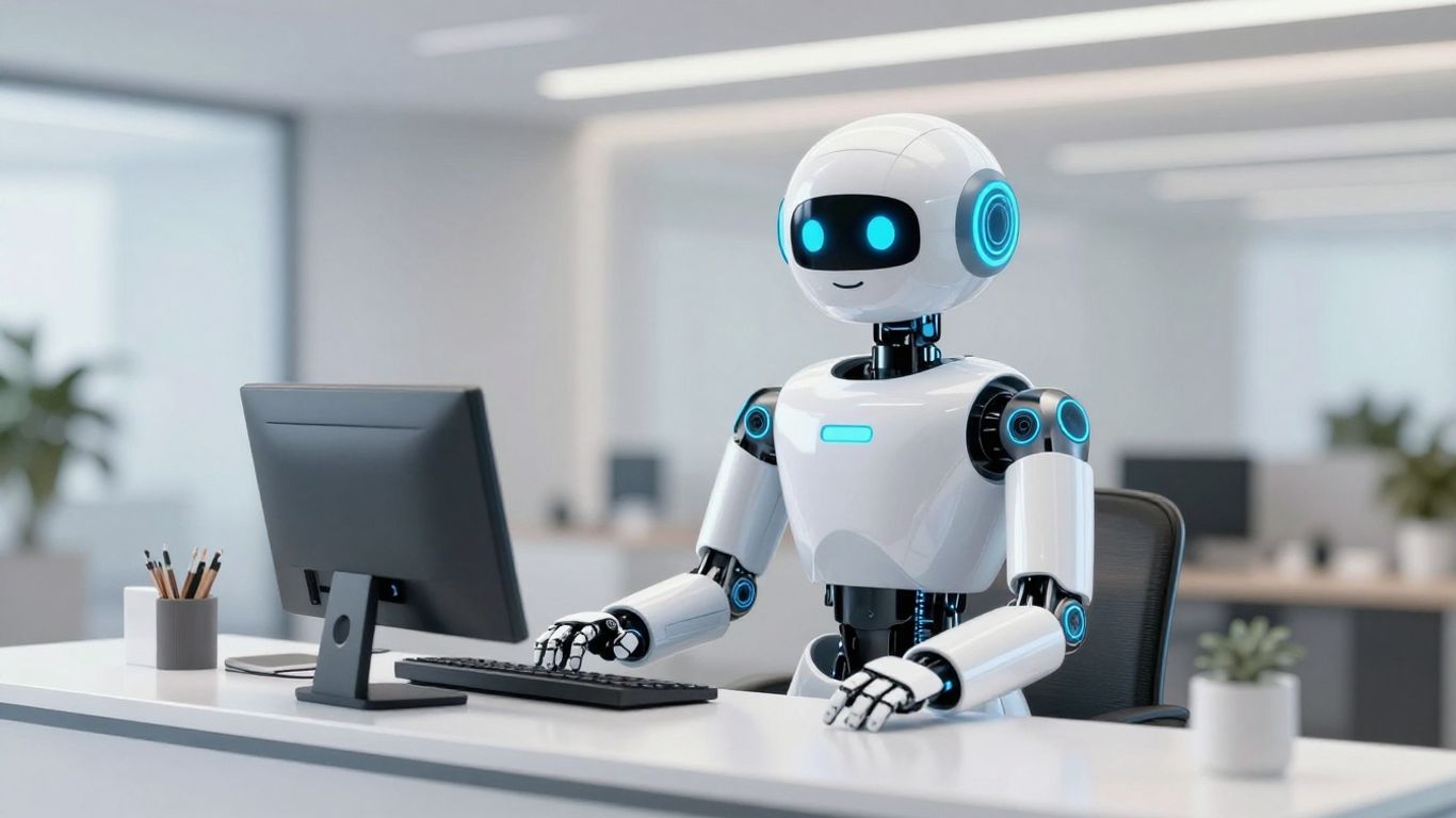 AI robot receptionist at a modern office desk.
