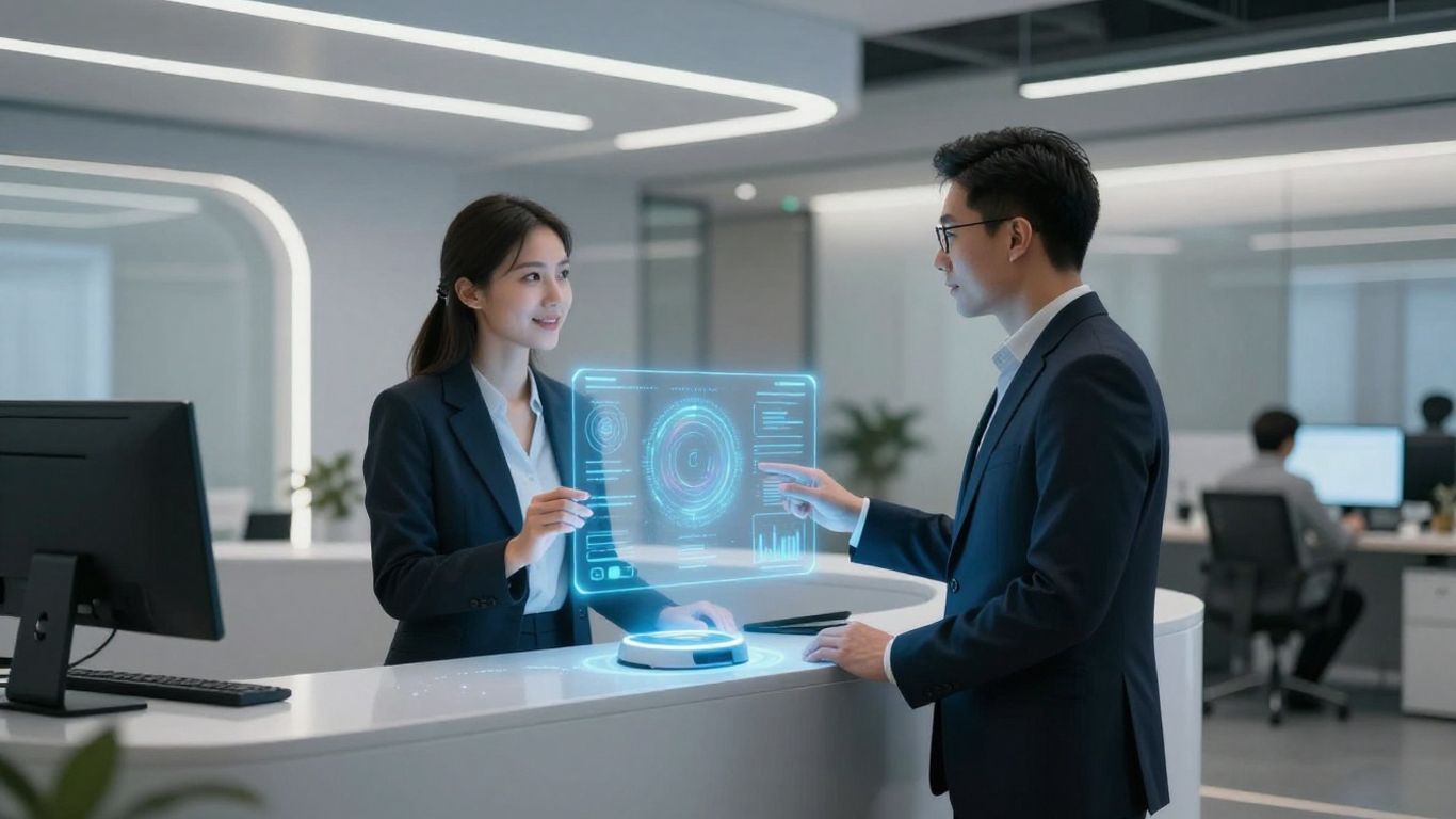 AI receptionist assisting a visitor in a modern office.