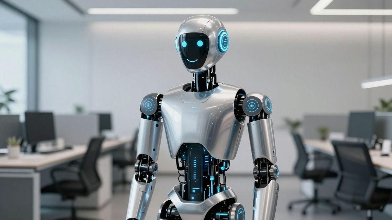 AI robot in a modern office setting.