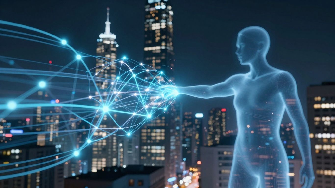 Futuristic cityscape with glowing connections and human silhouette.