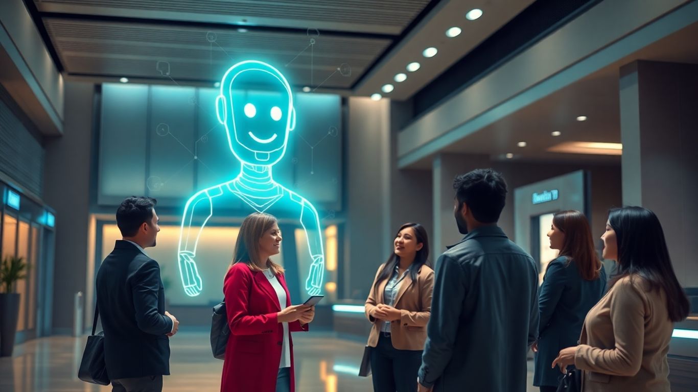 AI chatbot interacting with customers in a modern bank.