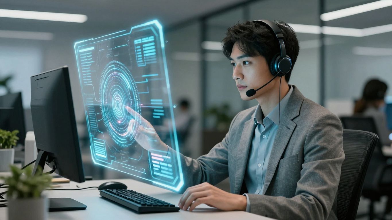 AI and human collaborating in a futuristic support center.