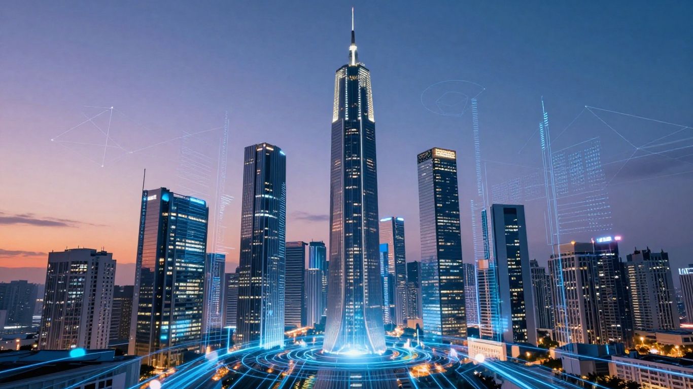 Futuristic cityscape with AI data streams.