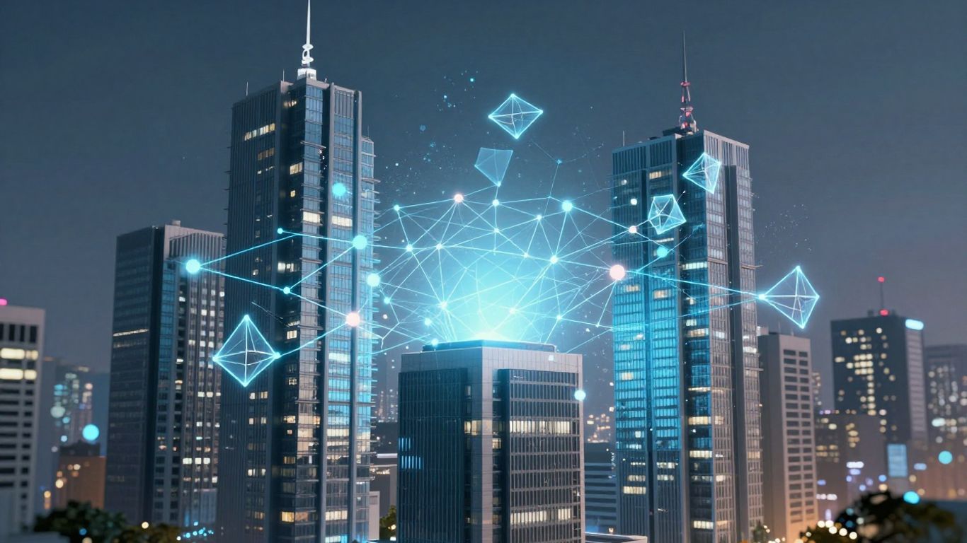Futuristic cityscape with glowing digital connections and data flow.